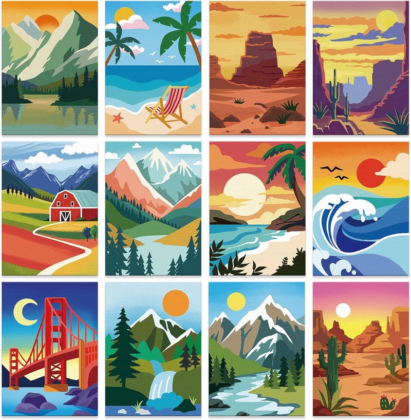 Anseal 12 Packs Pre Drawn Canvas to Paint for Adults, Pre Printed Canvas for Kids, Pre Stretched Canvas Outline Painting Boards for Beginners, Students, Party Favor (5 * 7 inch, Landscape) - Image 1